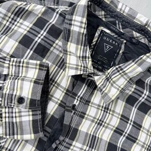 Y2k Guess Shirt Mens XXL Plaid Roll Sleeve Button Down Black‎ White Yellow 2000s